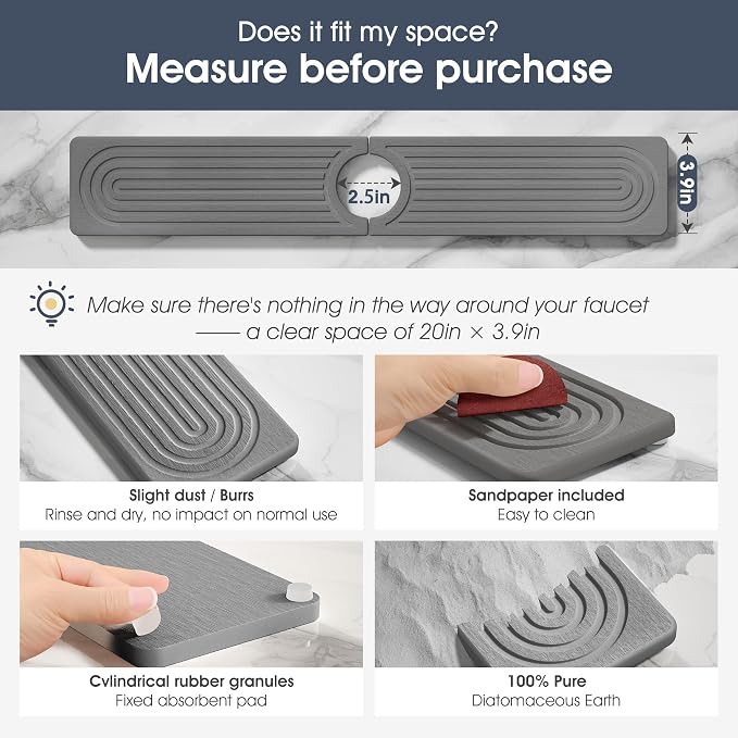 Quick Drying Stone Faucet Mat for Kitchen Sink - Diatomite Sink Mat Absorbing Stone Tray for Bathroom Counter, Sink Faucet Splash Guard Water Protector Matt for Kitchen Counter(Gray, 20" x 3.9")