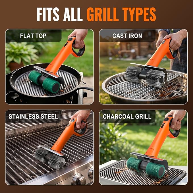 Electric Grill Brush - Dual Rotating Heads Cordless BBQ Grill Cleaner, 450 RPM Motorized Power Grill Cleaning Brush with LED Light, 6-Piece Replaceable Brush Set Safe for Most Outdoor Grill Grates