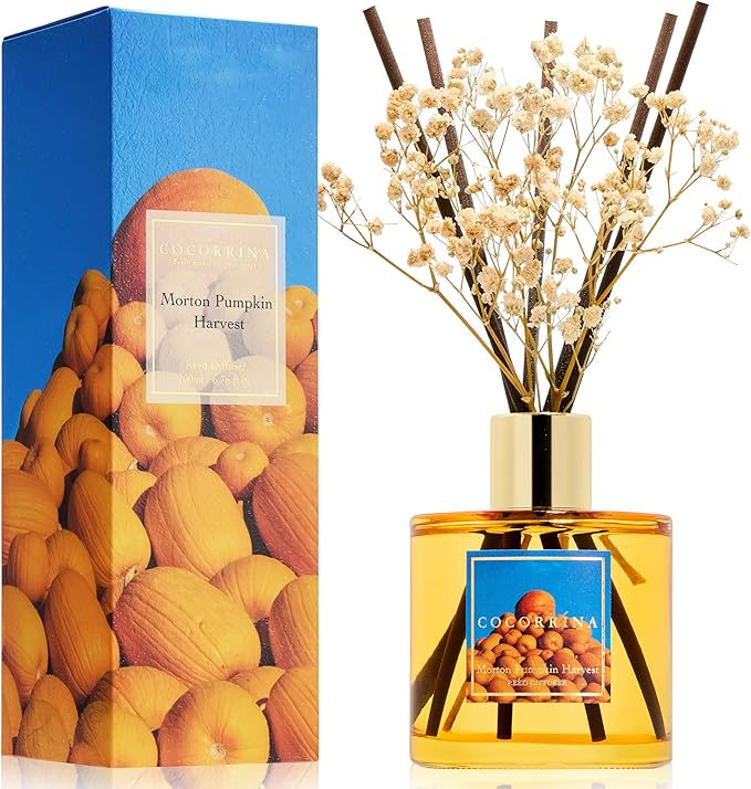 Reed Diffuser - Morton Pumpkin Harvest Reed Diffuser Set with 8 Sticks & Preserved Baby's Breath, Reed Diffuser for Home Bathroom Shelf Decor
