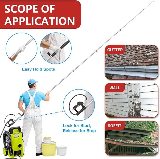 24 FT Telescoping Pressure Washer Wand - Gutter Cleaner Attachment with Power Washer Extension Wands, 7 Spray Nozzle Tips, 3 Hose Adapters, Brush and Support Belt