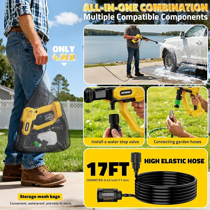 Cordless Portable Washer for Dewalt 20V Battery, 1000 PSI Portable Handheld Washer with Brushless Motor, 6-in-1 Nozzle, 3 Level Adjustable for Car Yard Fence Wall Clean (Battery Not Included)