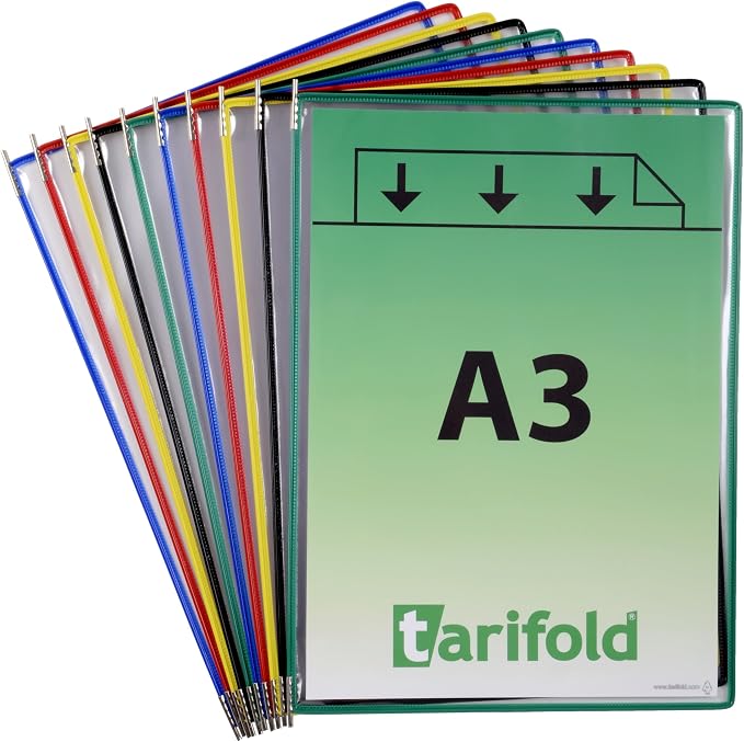 Tarifold Desktop Reference Display System, 10 Pockets, A3 Size, Assorted | 10 double-sided PVC pockets hold 20 sheets, A3-size documents, sturdy metal base, easy to assemble
