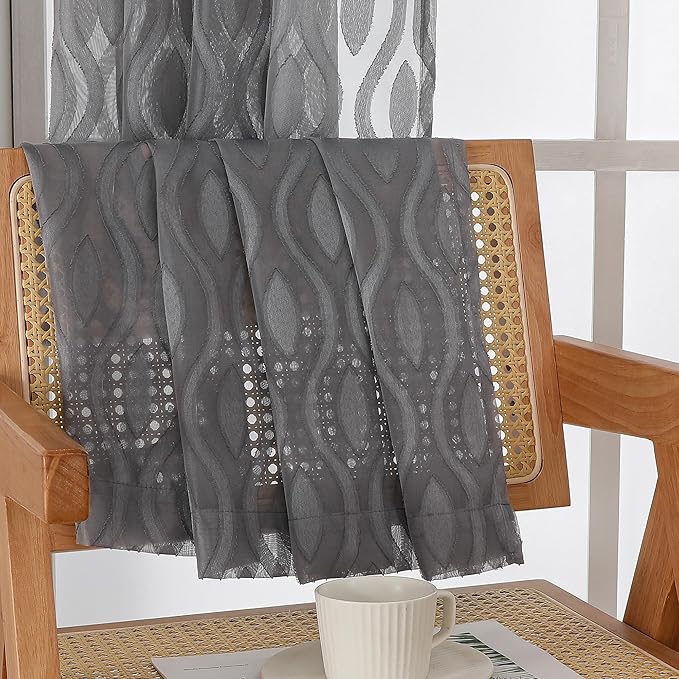 Aiyufeng Extra Long Grey Sheer Curtains 96 Inches Long for Bedroom 2 Panels Set, Farmhouse Wavy Line Light Filtering Clip Jacquard Solid Voile Living Room Curtains, Dual Rod Pocket, 40" Wx96 L Inches
