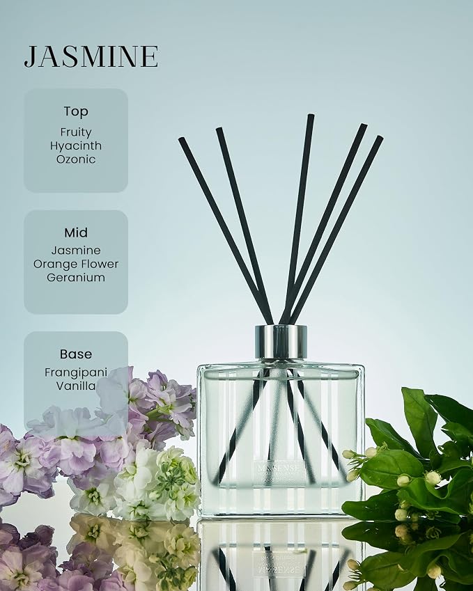 M&SENSE Reed Diffuser Set, Jasmine, 7.04 oz Natural Essential Oil | Non-Toxic Organic, Long-Lasting Fragrance, Ideal for Living Room, Bedroom, Gifts for Women