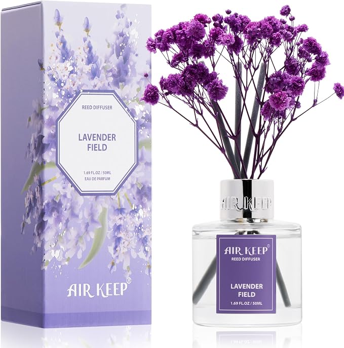 Reed Diffuser Set,1.69 fl oz (50 ml) - Lavender Field Oil Diffusers with 8 Reed Sticks,Home Fragrance Reed Diffuser for Bathroom Shelf Decor