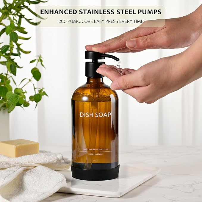 Glass Soap Dispenser Set by Janxin,Bathroom Soap Dispenser Set with Ceramic Tray,Luxury Bathroom Accessories,Modern Kitchen Decor (Amber(Dish Soap))