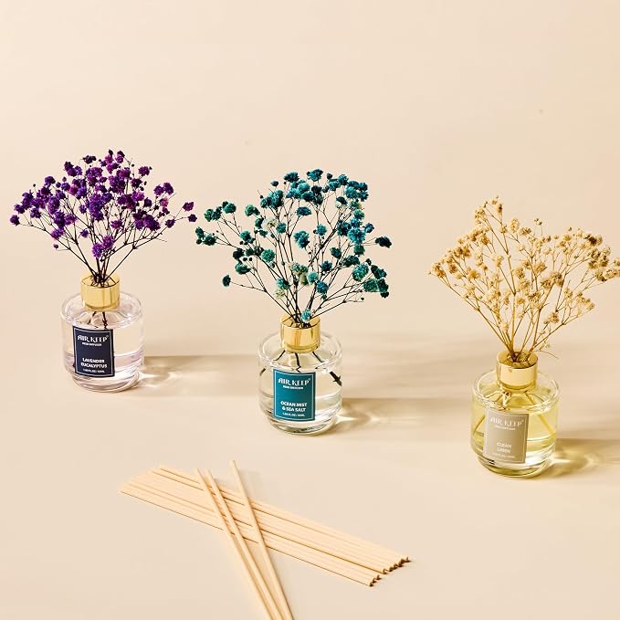 Reed Diffuser Set of 3,Clean Linen Ocean Mist&Sea Salt Lavender Eucalyptus Oil Reed Diffusers for Bedroom Living Room Office Aromatherapy Oil Reed Diffuser for Gift 50ml x 3