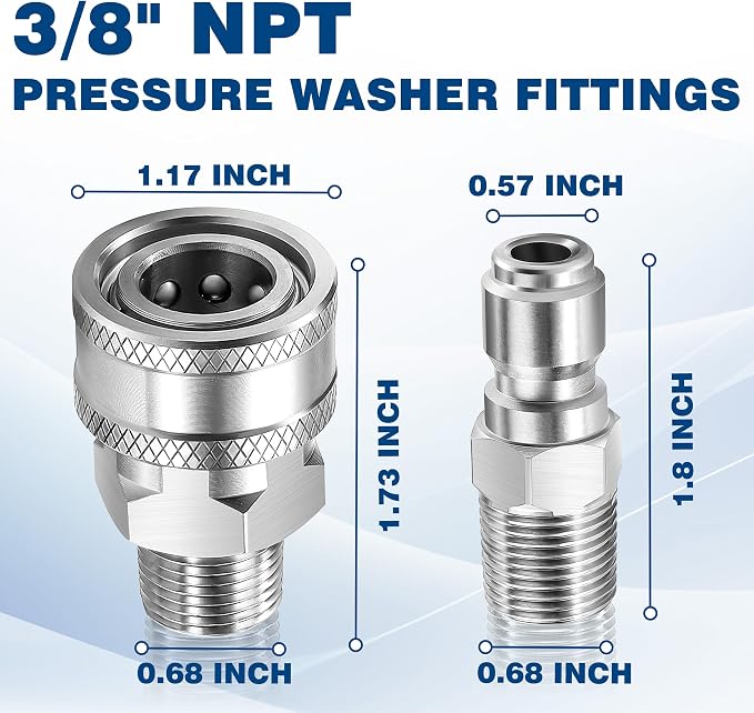 3/8 Inch NPT Pressure Washer Quick Connect Adapter Set, 12-Piece | Stainless Steel Male Thread Fittings for Compatible Hose, Gun, Wand and Surface cCeaner Connections, Rated Up to 5000 PSI