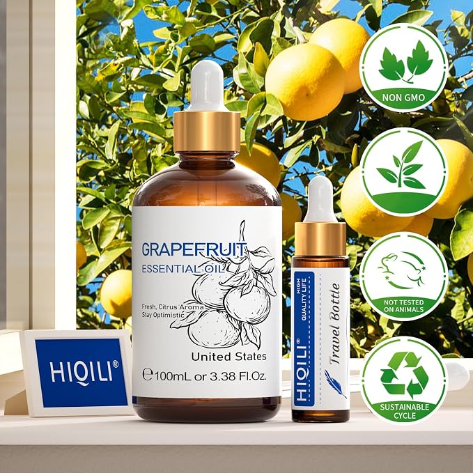 HIQILI Grapefruit Essential Oil for Skin Care, DIY, Diffuser & Aromatherapy | Essential Oils with Travel Bottle for Candle & Soap Making, Fill Your Home with a Bright Citrus Scent —3.38 fl oz