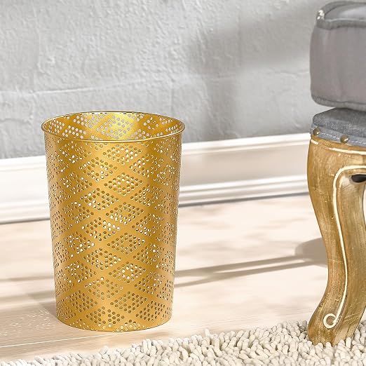 Metal Gold Trash Can, Modern Cylindrical Waste Bin for Small Spaces | 7.28" D x 10" H Luxury Gold Garbage Can | Metal Waste Basket for Office Bathroom Bedroom Decor | Modern Home Accent