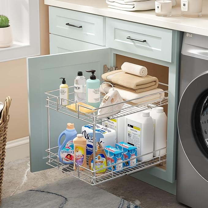 ROOMTEC Pull Out Cabinet Organizer, Kitchen Cabinet Organizer and Storage 2-Tier Cabinet Pull Out Shelves for Kitchen,Under Sink Organizers and Storage 17" W x 21" D Chrome
