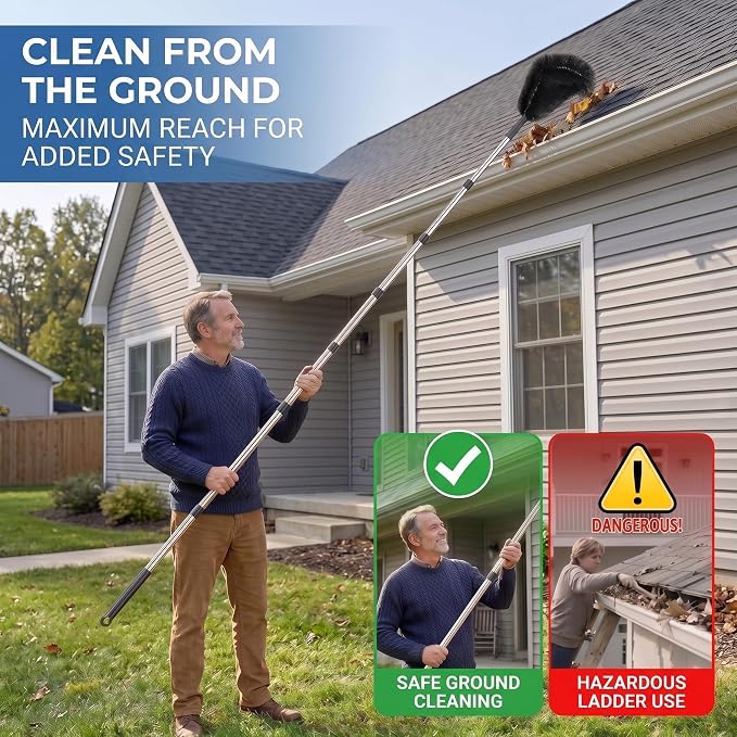 12.7 FT Gutter Cleaning Tools from The Ground with 2Pcs Nylon Brush Stainless Steel Telescopic Pole Adjustable Gutter Cleaner Tools No Ladder Needed for Easy Remove (Black)
