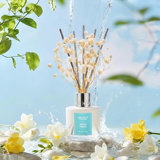 Reed Diffuser Set,3.38 fl oz (100 ml) - Watery Freesia Oil Diffusers with 8 Reed Sticks, Home Fragrance Reed Diffuser for Bathroom Shelf Decor