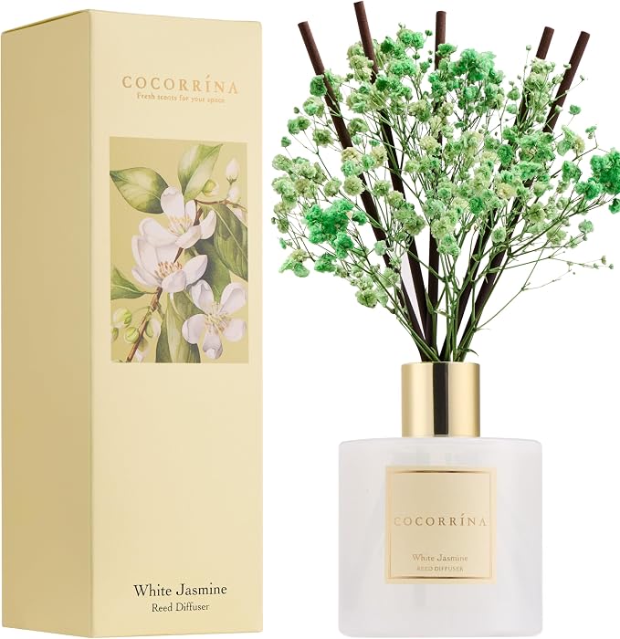 Reed Diffuser - White Jasmine 6.7 Fl.oz Reed Diffuser Set with Sticks & Preserved Baby's Breath, Reed Diffuser for Home Bathroom Shelf Decor