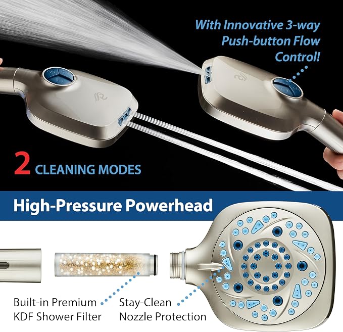 AquaCare 82-Mode High Pressure 6-way Combo with Filter & 2-mode Power Wash | Filters Chlorine & Toxins, Softens Hard Water for Healthy Skin & Hair. Handheld Shower Head Cleans Tub, Tile & Pets / Nickel