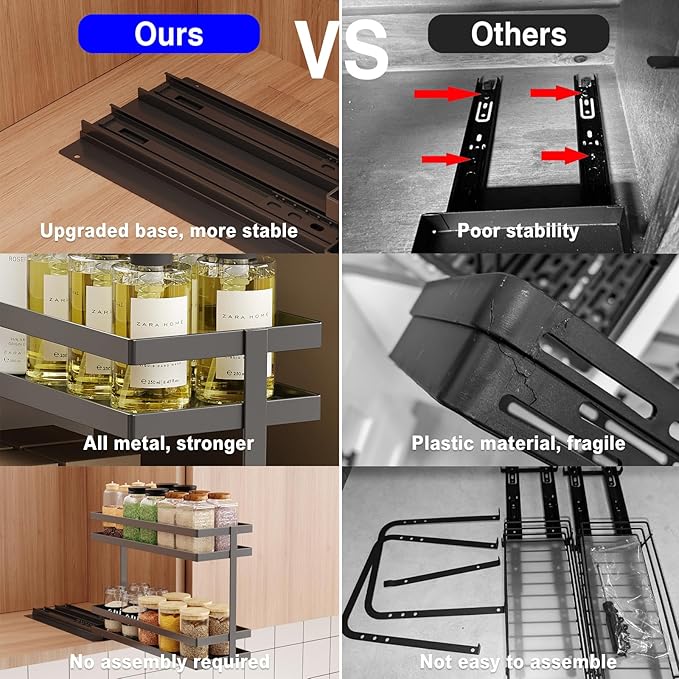 2 Pack Pull Out Spice Rack Organizer for Cabinet, 2 Tier Metal Slide Out Seasoning Organizer and Storage Heavy Duty Vertical Spice Rack Shelf Pullout for Kitchen Cabinets No Drilling (Black)