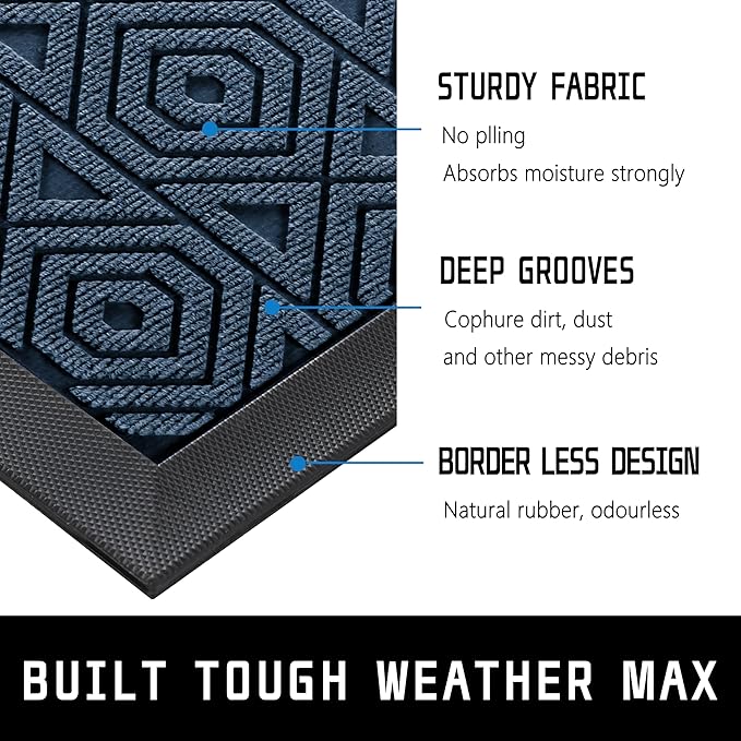 Yimobra Door Mat, Outdoor Indoor Entrance Welcome Mat, Heavy Entry Front Door Mat, Stain & Fade Resistant, Low Profile, Sturdy Rubber, Easy Clean Patio Floor Mat, Waterproof, 47 x 32, Blue
