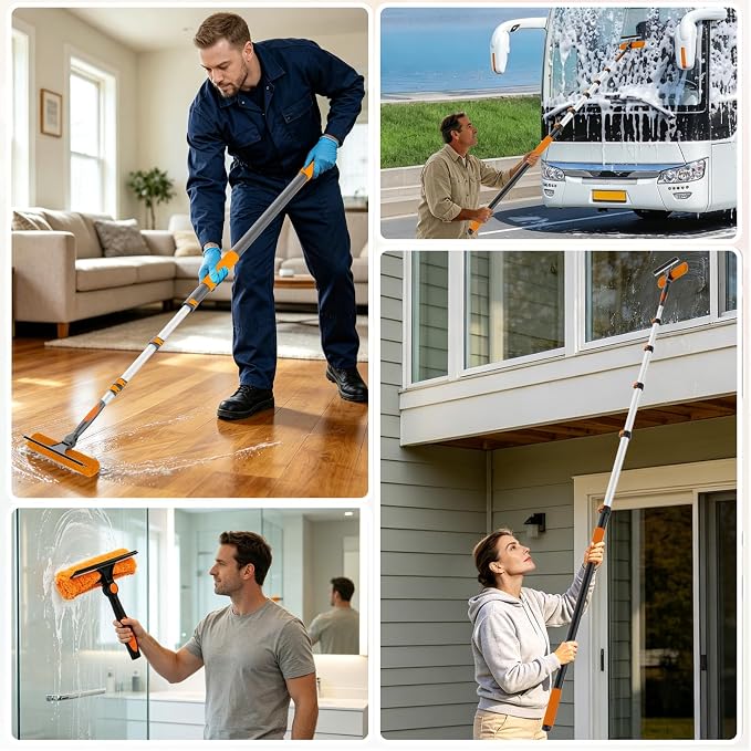 Buyplus 26Ft High Reach Squeegee for Window Cleaning Kit with 5 to 20 Foot Extension Pole, Extendable Window Cleaner Squeegee, Telescopic Window Washing Kit for Indoor/Outdoor High Window