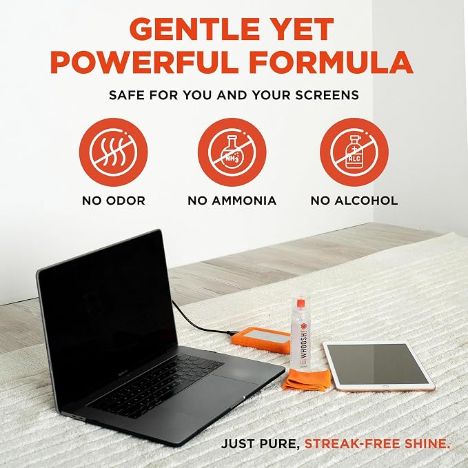 WHOOSH Screen Cleaner and Wipe Kit Duo, 3.7 fl oz + 0.3 fl oz | Large and Travel Size Bottles, Non Toxic and Odorless, For iPad, MacBook and Car Screens, 2 Microfiber Cloths