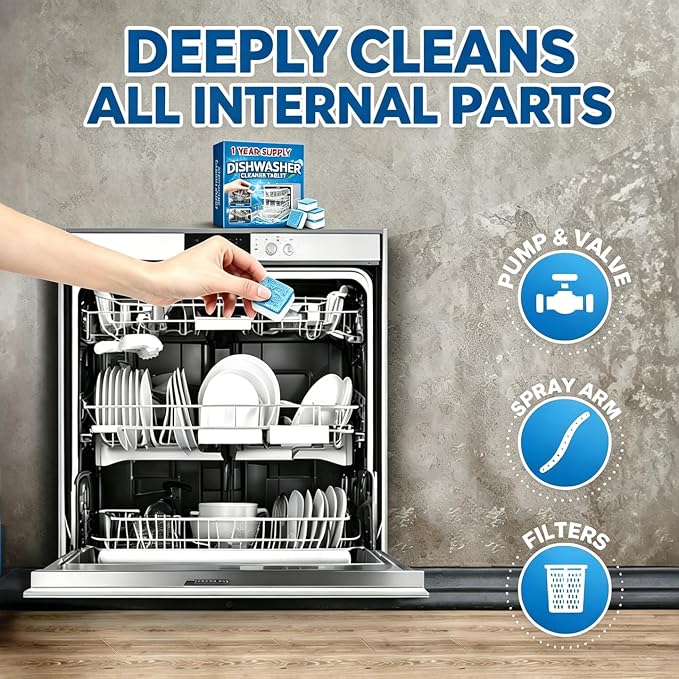 Heavy Duty Dishwasher Cleaner & Deodorizer Tablets, Descaler, Deep Cleaning, Natural Odor & Smell Remover, Calcium, Limescale, Hard Water Marks, Grease, Septic Safe Pods (12 Tabs 1 Yr Supply)