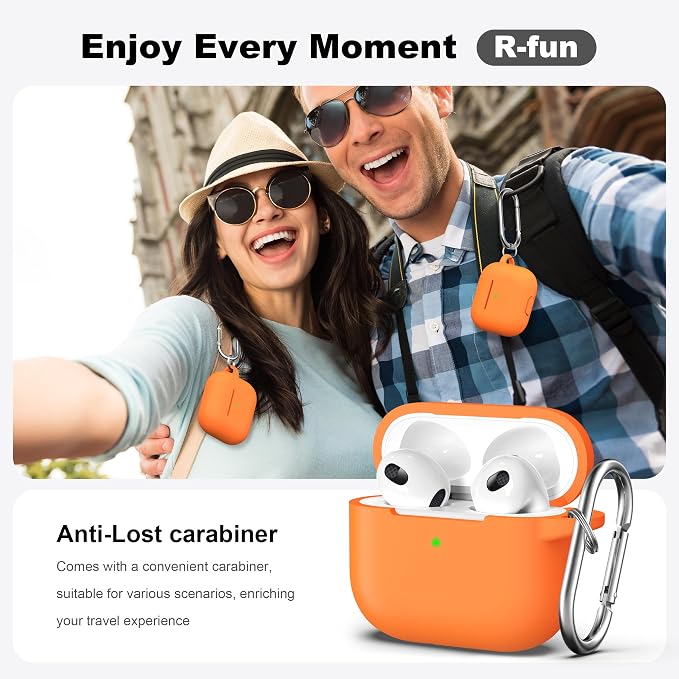 R-fun Compatible with AirPods 3 Case Cover, Silicone Protective Accessories Skin with Keychain Compatible with Apple AirPod 3rd Generation 2021 for Women Men Girls Boys,Front LED Visible,Orange