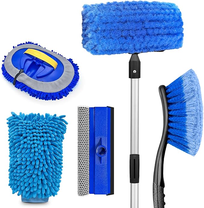 ARTIPOLY 65'' Five-Sided Car Wash Brush with Long Handle, Scratch-Free Car Cleaning Kit with Soft Wash Brush, Tire Brush, Window Squeegee, Car Wash Mitt, Microfiber Cleaning Head & Extension Pole