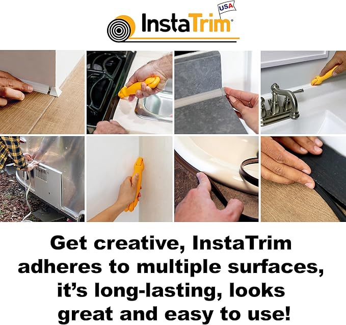 InstaTrim New & Improved Self-Adhesive Caulk Trim, 1/2" x 10', 2-Pack, Flexible, Waterproof, Stain Resistant for Bathroom, Floors, Walls, DIY Project, White
