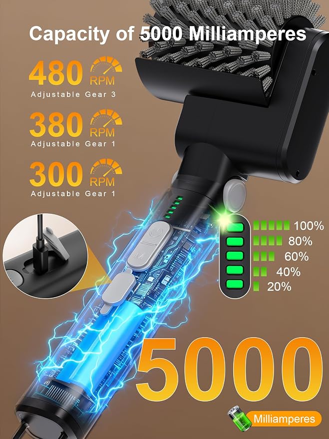 Electric Grill Brush, Cordless Automatic BBQ Grill Cleaner | Rechargeable Grill Cleaning Brush with 3 Heads, 3-Speed & Angle Adjust, 150Mins Runtime for Barbecue Grates