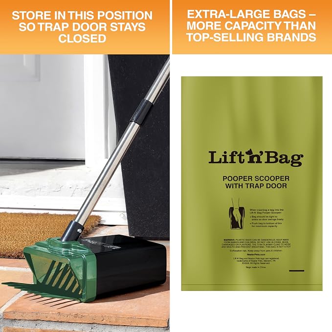 Neater Pet Brands Lift N’ Bag 2.0 Dog Pooper Scooper with Bag Attachment & 31" Pole for Small to Large Dogs, New Longer Pole, 195 Refill Bags, Heavy Duty Dog Poop Scooper for Yard, One-Hand Use