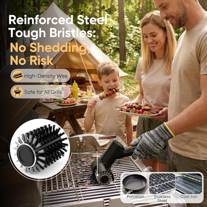 Electric Grill Cleaner Brush for Outdoor Grill with SS Rotary Head, 3 Speed | Portable BBQ Grill Cleaning Brush, 500RPM Motor| 120Mins Runtime|No Bristle Shedding|Replaceable Brush Set, Gifts for Men/Dad