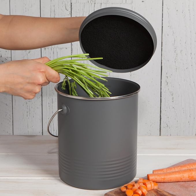 Now Designs Compost Bin Charcoal Powder Coated Steel With Charcoal Filter, 8.5 inches high, 1.25 gallon