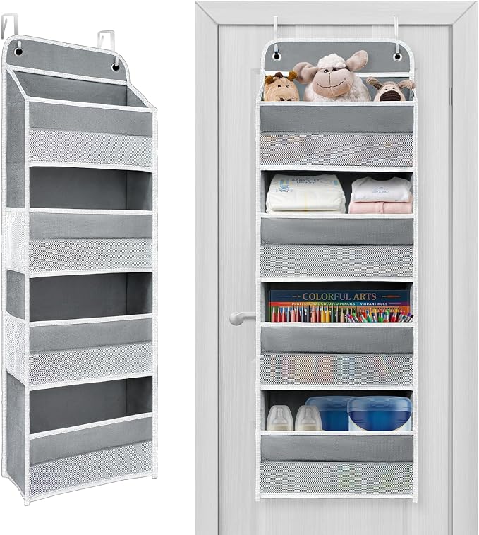Over The Door Organizer 4 Shelves & 4 Side Pockets, Large Storage Rack | Anti-Tilt Hanging Door Storage for Closet Heavy-Duty Mesh Shelf for Bathroom, Closet, Toy Organization, Shoes, Towels, Grey
