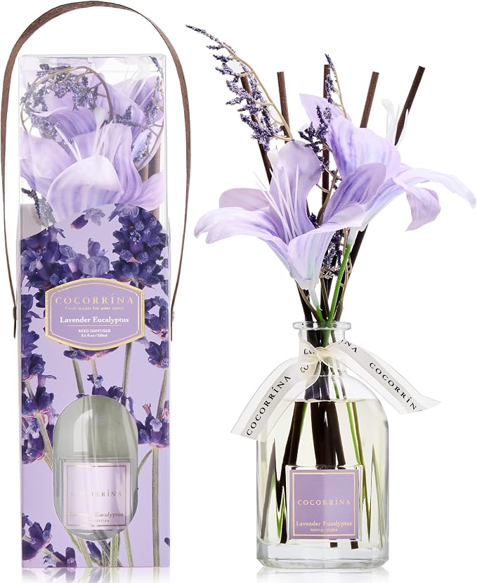 Reed Diffuser - Lavender Eucalyptus 8.5 Fl.oz Flower Reed Diffuser with Sticks, Bedroom Bathroom Shelf Decor (Floral Basket Collection)