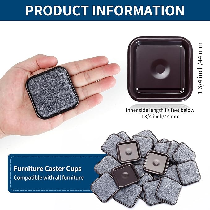 Ezprotekt 1 3/4" Square Reusable Felt Furniture Caster Cups with Carpet Bottom, 16 Pcs Felt Furniture Sliders Floor Protectors Pads to Protect Hardwood, Tile Floors Carpet from Scratches (Brown/Gray)