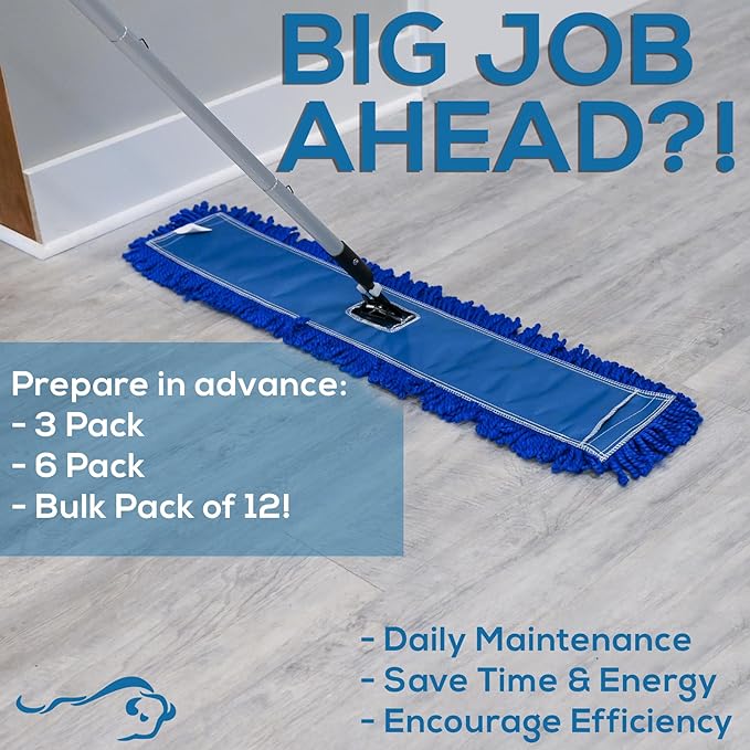 KLEEN HANDLER 3 Pack of 36 Inch Microfiber Dust Mop, Large Washable Commercial Mop Head Replacement, Sweeper, Janitorial Supplies, Blue