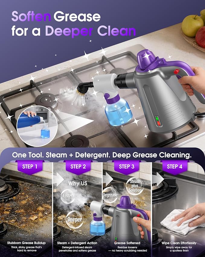 Handheld Steam Cleaner for Home, Steamer for Cleaning Purple | Upholstery Bed Furniture Couch Carpet Car Pressurized Multi Purpose 14 Accessories & Safety Lock, Small Container for Grease