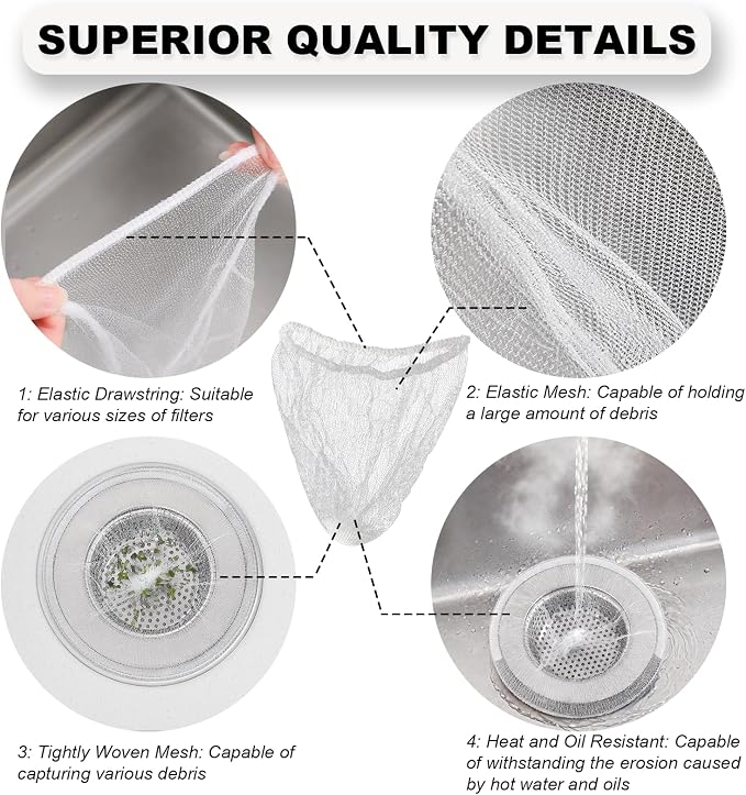 WYIRONG 250 Pack Disposable Drain Covers, Disposable Mesh Sink Strainer Pouches for Sourdough, One Use Sourdough Drain Catcher Mesh Cover Nets for Kitchen Sink, Strainer Pouches Kitchen and Bathroom