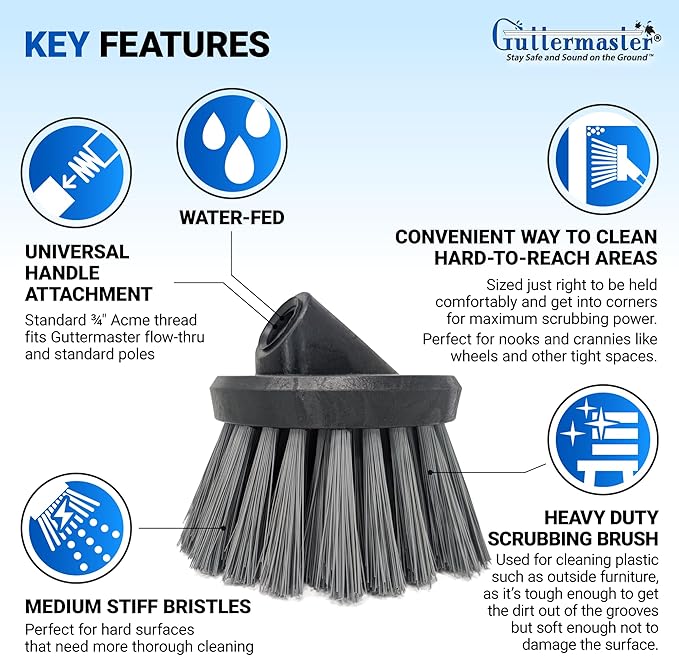 Guttermaster Grey Flow Through Brush, Medium Stiff, Round 4.5 Inch | GM-314P Polypropylene bristles, flow-through water function, fits standard threaded poles