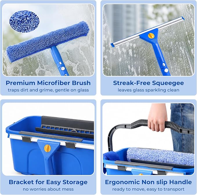 UFORU Professional Window Cleaning Kit with Bucket 3 Gallon for High Indoor | 14" Window Squeegee & 15" Microfiber Scrubber, 76" Adjustable Handle, Effortless Cleaning for High Windows, Homes & Offices