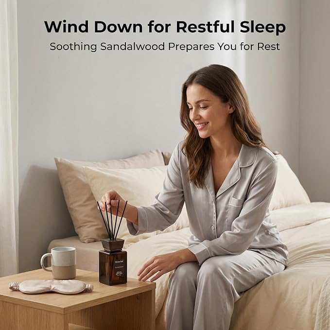 Sandalwood Reed Diffuser, 5.6 Fl Oz | Warm home fragrance; Woody Scent Lasts for 12 Weeks for Bedroom, Bathroom, Living Room or Office; Gift-ready.