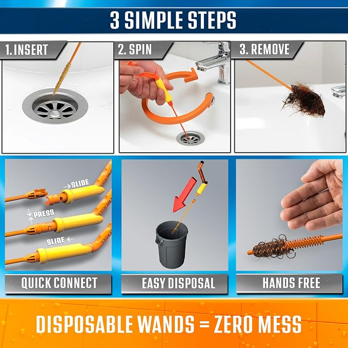 FlexiSnake Drain Weasel Sink Snake Hair Clog Remover Tool Kit, 10 Wands | Pipe, Bathroom, Bathtub Cleaner, 18-inch Long Refills, Flexible, Removable Handle, Made in The USA
