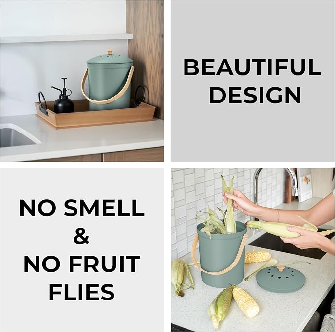 Beautiful Kitchen Compost Bin with Smell Proof Lid - Rust Proof and Odorless Compost Bucket for Your Countertop with No Smell Filters - Easy to Clean 1.1 Gallon Bin Looks Great On Any Kitchen Counter