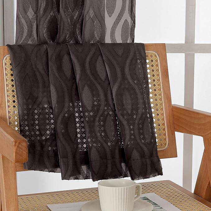 Aiyufeng Sheer Brown Curtains 45 Inch Length 2 Panels Set, Farmhouse Clip Jacquard Textured Short Sheer Curtains, Lightweight Chic Wavy Line Window Curtain Panels for Bedroom, 40" Wx45 L Inches