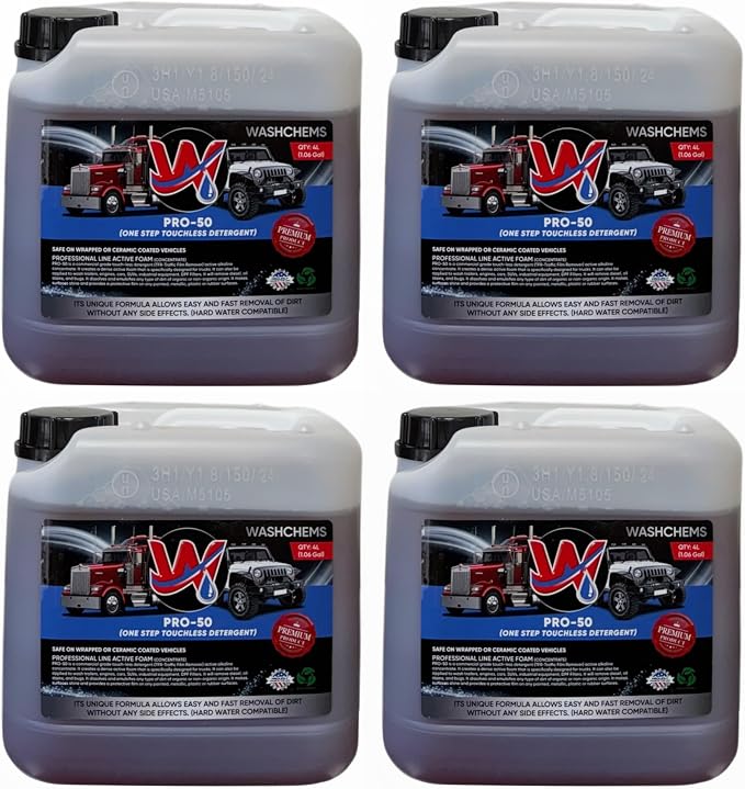Wash Chems Pro 50 Touchless One Step Car Wash Detergent Soap Concentrate No Brushing, Commercial Grade Professional Auto Foam Cleaner Also Great for Trucks & Tractors (4, 1 gallon)
