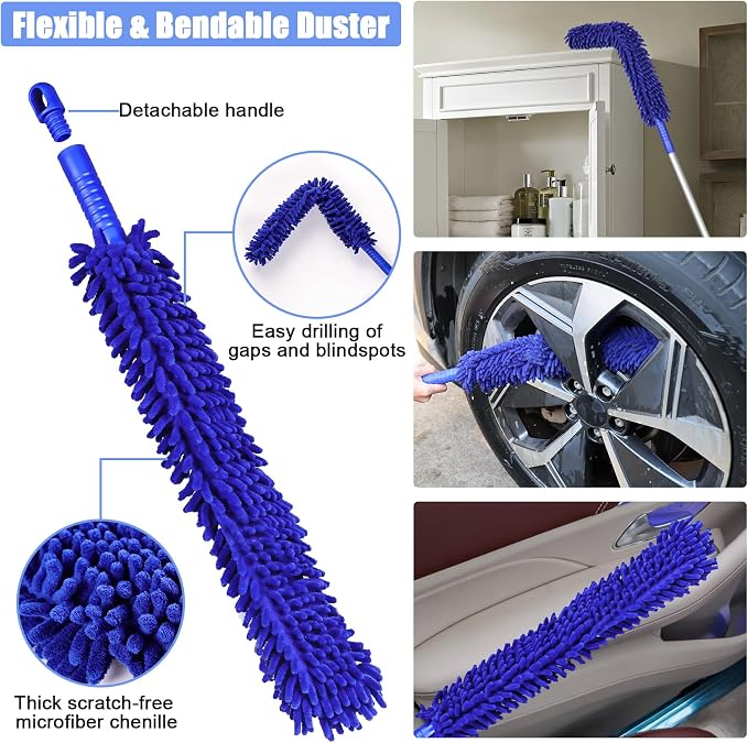 anngrowy 62" Microfiber Car Wash Brush with Long Handle Car Washing Mop Kit Mitt Sponge Car Cleaning Supplies Duster RV Washing Car Brushes, 1 Chenille Scratch-Free Replacement Head (Blue&Yellow)