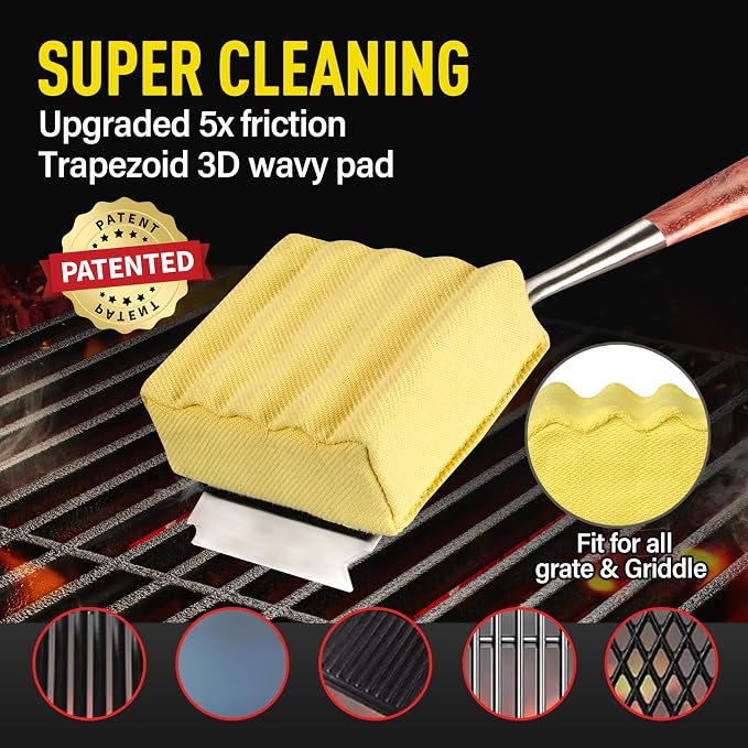 Bristle-Free Steam Cleaning Grill Brush — Features an Extended Luxurious Rosewood Handle and a Unique Wavy pad that Seamlessly fits cast Iron and Stainless Steel grates