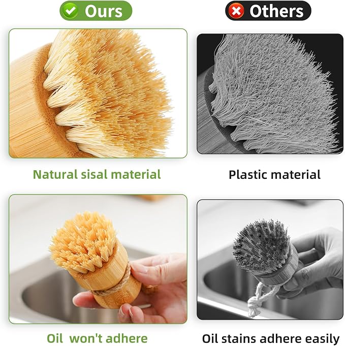 SUBEKYU Bamboo Dish Brush Set with Soap Holder, Wooden Dish Scrubber with Soap Dispenser, Natural Kitchen Scrub Brush, Washing Pot/Pans/Cast Iron, 2 Pack, Sisal + Coconut Palm Bristles