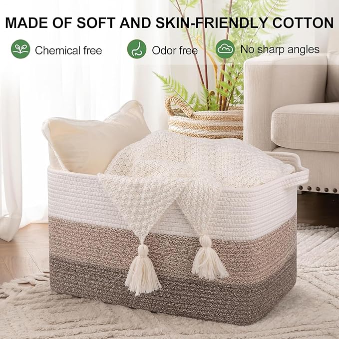 OIAHOMY Rectangle Woven Storage Basket - Nursery Cotton Rope Baskets for Storage, Toy Basket Organizing for Living Room, 17.7"x13.8"x11"- Pack of 3 - Gradient Yellow