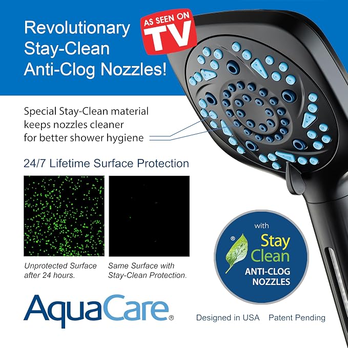 AquaCare 82-Mode High Pressure 6-way Combo with Filter & 2-mode Power Wash | Filters Chlorine & Toxins, Softens Hard Water for Healthy Skin & Hair. Handheld Shower Head Cleans Tub, Tile & Pets / Black