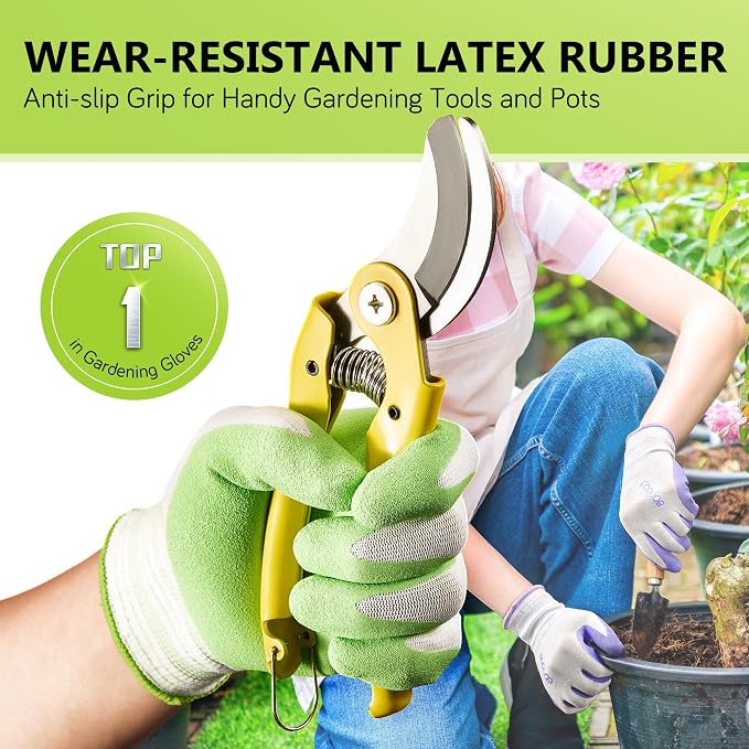 COOLJOB 2 Pairs Gardening Gloves for Women Ladies, Breathable Rubber Coated for Yard Garden, Outdoor Indoor Protective Work, Large, Lavender Purple & Apple Green